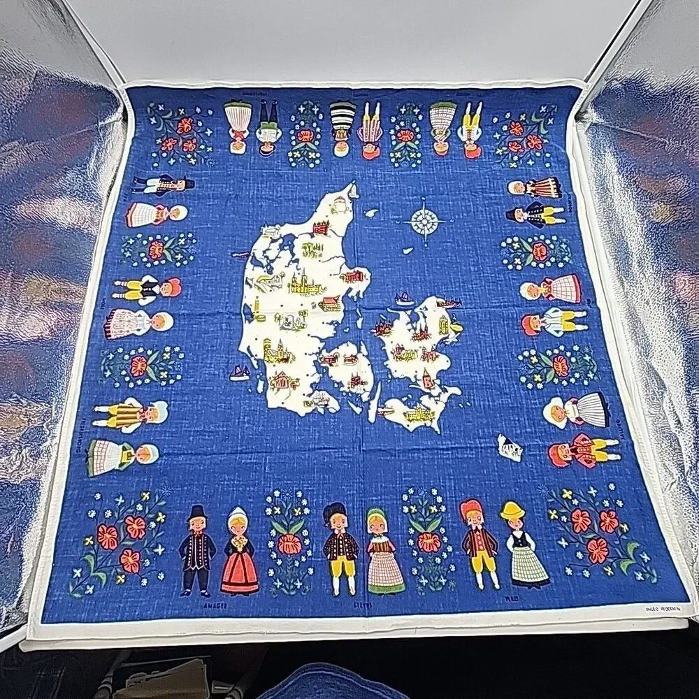 Vtg Tablecloth Fabric Ingrid Pedersen Denmark Souvenir 36” By 36” Blue